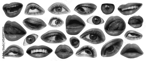 Halftone lips and eyes in grunge style. Halftone facial features with a monochrome photocopy effect. Magazine and newspaper cutouts of women’s lips and eyes expressing various emotions. Grunge collage