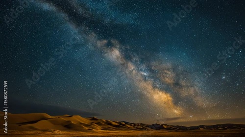 A breathtaking night sky over rolling desert dunes, the Milky Way galaxy brilliantly visible. A stunning landscape