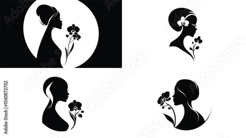 Silhouettes of woman's head with orchid flower in various styles