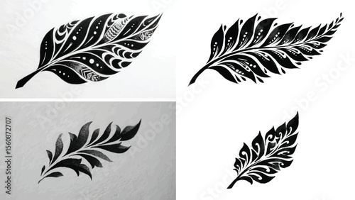 Set of four black and white feather designs with intricate patterns