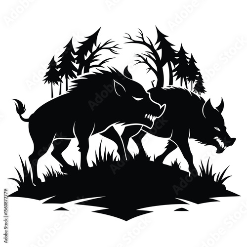 Clash of the Wild Boars A Powerful Black and White Silhouette Illustration