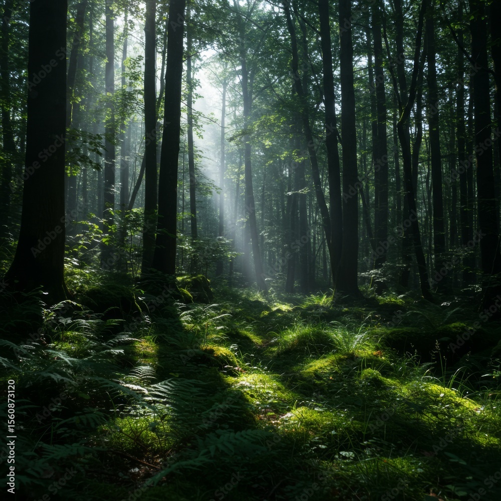 Fototapeta premium Sunbeams Illuminate Misty Green Forest