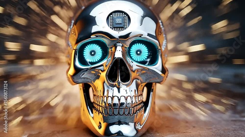 A shiny chrome skull with a microchip embedded in its forehead on a blurred background of lights