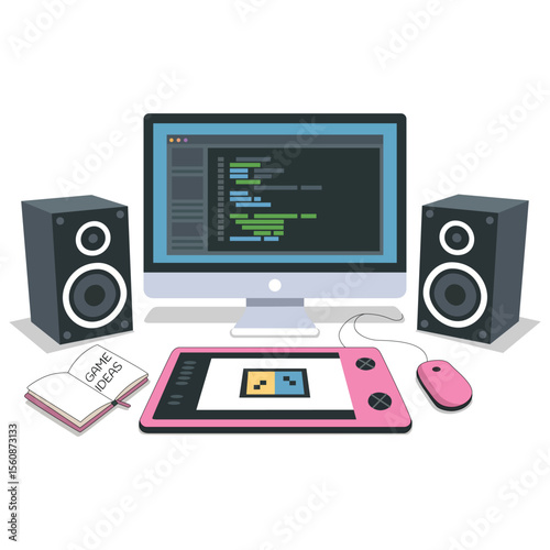 adorable game developer desk with pastel drawing tablet, PC monitor, music speakers, and notebook, flat cartoon vector, white background