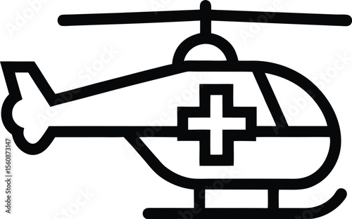 Minimal line art medical helicopter icon with a rotor blade isolated on transparent background