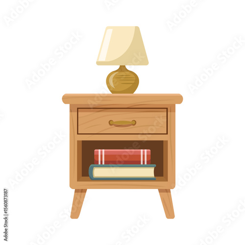 Elegant wooden bedside table with books and table lamp