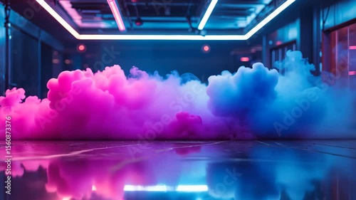 Pink and blue smoke billowing across a reflective floor in a neon lit interior space scene view
