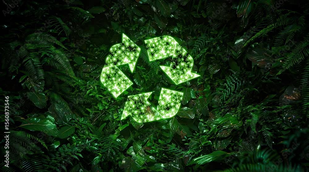 Glowing green recycle symbol embedded in lush tropical foliage.  A powerful visual representing sustainable practices and environmental responsibility.