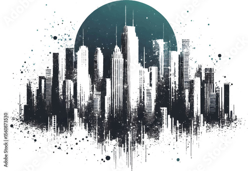 Dynamic artwork showcasing an urban cityscape illustrated with ink splatters, emphasizing architectural silhouettes. Perfect for modern designs, urban-themed projects
