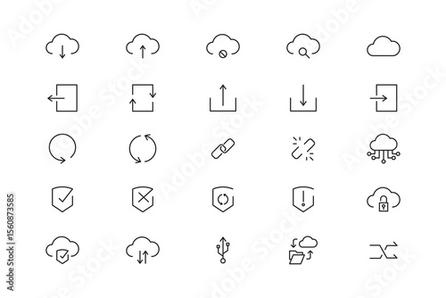 Cloud Computing and Data Transfer Line Icon Set