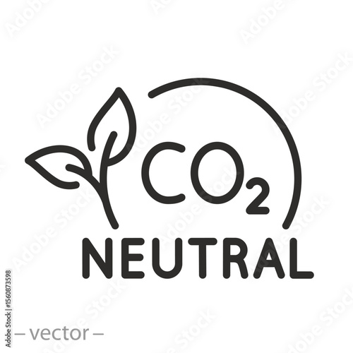 CO2 neutral icon, eco clean stamp, leaves with text co2 neutral, eco-friendly conctpt, thin line symbol on white background - editable stroke vector illustration eps 10