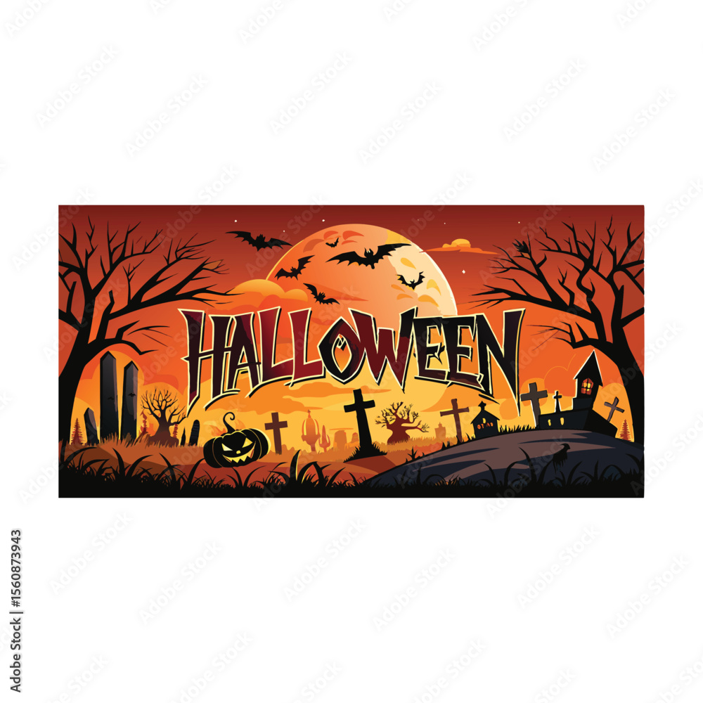 Abstract vector illustration of a Halloween night party with an autumn tree silhouette and orange sun setting on a floral beach landscape