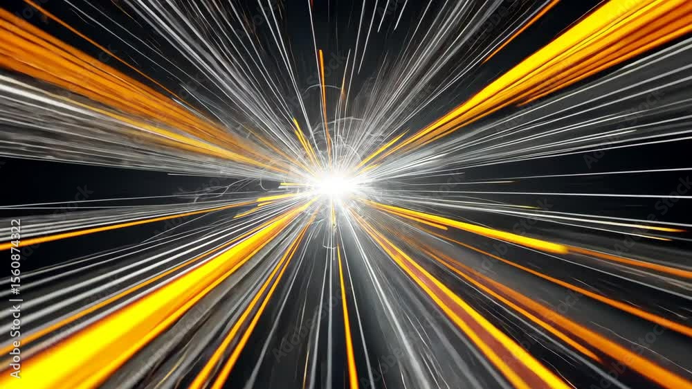 Abstract light streaks converging on a central point with orange and white lines on black backround