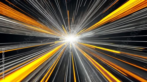 Abstract light streaks converging on a central point with orange and white lines on black backround