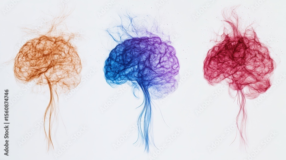 Fototapeta premium Artistic representations of three colorful brains made from intricate wire-like structures against a white background.