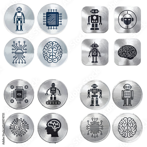 Artificial intelligence icons and robots set on metal backgrounds