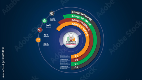 This circular business infographic shows 4 tiered option data with visual icons, different colors, and numeric labels.