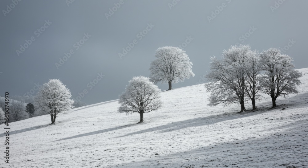Fototapeta premium Snowy Hillside with Frost Covered Trees
