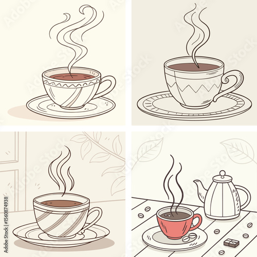 Four steaming cups of coffee with different illustrations and backgrounds