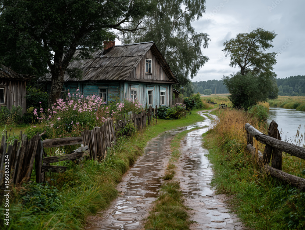 Fototapeta premium Drewniany, stary dom w wiejskim krajobrazie z mokrą, błotnistą drogą prowadzącą wzdłuż rzeki. Kwitnące różowe kwiaty dodają uroku.