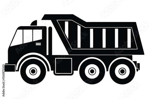 Simple Black Silhouette of a Dump Truck with Three Wheels in Side View