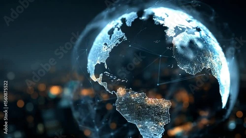 Digital World Globe Displaying Connection and Data with Blurry Cityscape Background