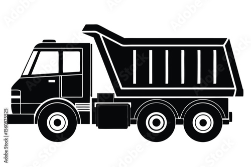 Black and White Illustration of a Heavy Duty Dump Truck with Three Large Wheels