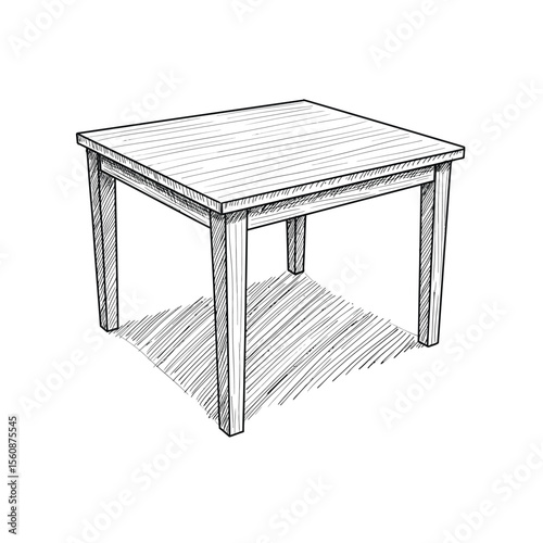 Simple Square Wooden Table Sketch Hand-Drawn Illustration