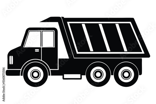 Silhouette Illustration of Heavy Duty Dump Truck with Detailed Wheels and Frame