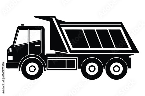 Black and White Graphic Silhouette of a Three Axle Dump Truck Illustration