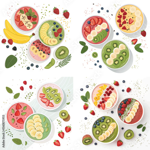 Assortment of colorful smoothie bowls with various toppings on a white background