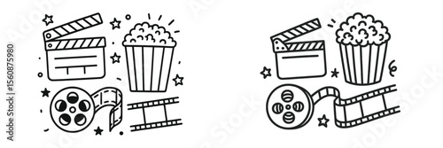 Creative doodles of popcorn boxes and film elements in a whimsical style showcasing a love for cinema