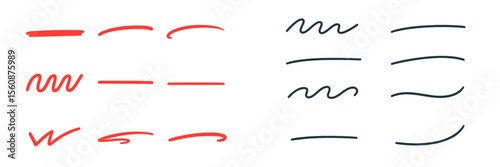 Different styles of line drawings in red and black showcasing curves and straight patterns created with various techniques