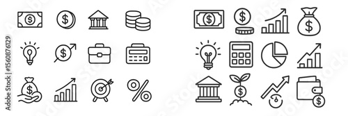 Financial illustrations showing various concepts like savings, investments, and banking ideas in a minimalistic design