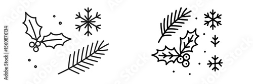 Black and white outline illustrations of winter foliage and snowflakes perfect for holiday decorations and seasonal crafts