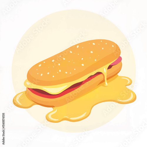 Cheesy sandwich illustration with melted cheese, vibrant food art