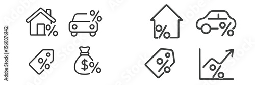 Icons representing financial concepts including percentages for real estate, vehicles, and investments in a minimalist design