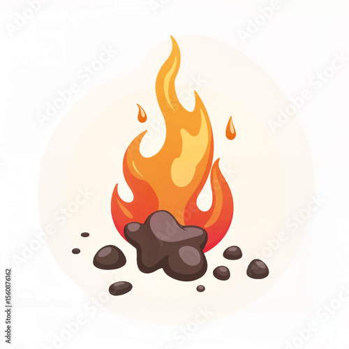 Vivid fire illustration with rocks on light background, warmth concept