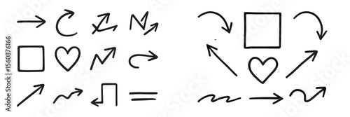 Hand-drawn symbols and arrows illustrating various concepts and ideas set against a blank background