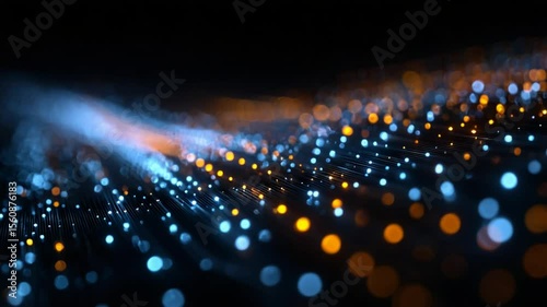 Abstract digital network with blue and orange bokeh lights on dark background