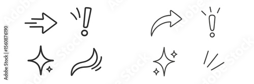 Creative doodles featuring arrows, exclamation points, and abstract shapes in a minimalist style on a white background