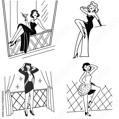 Set of line art illustrations depicting glamorous women in various poses