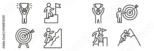 Success symbols featuring people achieving goals and climbing to victory in various activities