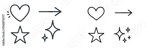Symbols of love and joy represented through simple line art designs featuring hearts and stars, perfect for creative projects