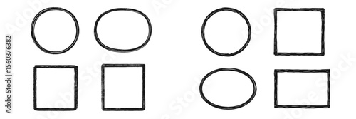 Different geometric shapes including circles, ovals, and squares arranged in patterns on a white background