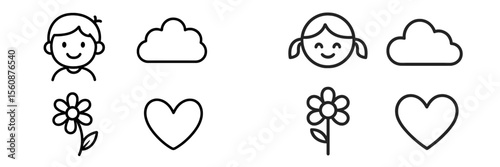 Simple line drawings of characters with clouds, flowers, and hearts expressing joy and nature connection