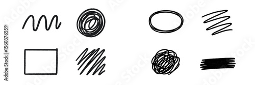 Various abstract shapes and lines in black sketch style on white background showcasing creativity in design