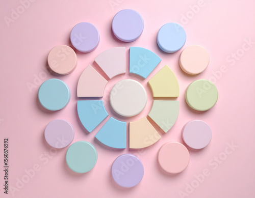 A top-down view of a dismantled pie chart composed of pastel-colored segments (blue, yellow, green) arranged around a central white circle. Surrounding this are several solid pastel circles in complem
