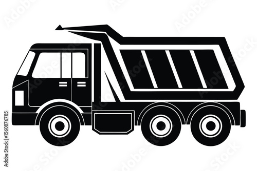 Stylized Black and White Vector Illustration of a Heavy Duty Dump Truck on Isolated Background