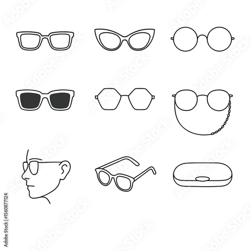 Various styles of eyeglasses and sunglasses in linear design  